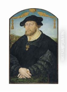 Portrait Of Johann Iii Of The Palatinate (1488-1538), Half-length, In A Black Slashed Doublet With A Black Overgown, In A Black Barett, A Landscape Beyond by Hans Wertinger