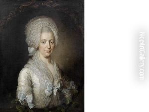 Portrait Of A Lady, Half-length, In A White Lace Dress And Bonnet, Within An Ivy Edge Oval