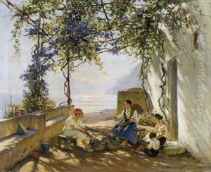 Frauen In Einer Glyzinien-pergola Auf Capri by Konstantin Weschtschiloff