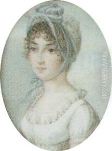 A Lady Wearing A Blue-trimmed White Lace Bonnet And A White Dress