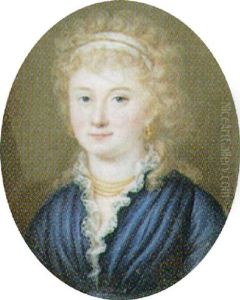A Lady With Fair Hair Wearing A Lace-trimmed Blue Dress And Gold Jewellery
