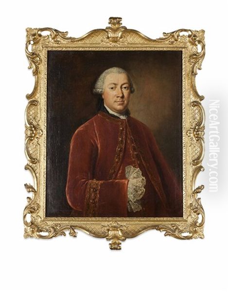 Half Length Portrait Of A Gentleman In A Burgundy Coat With Lace Cuffs - view 1