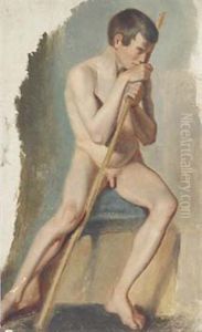 Sitzender Nackter Knabe Mit Stock (+ An Einem Podest Stehender Mannlicher Akt, Den Kopf In Die Hand Gestutzt, Smaller; 2 Works)