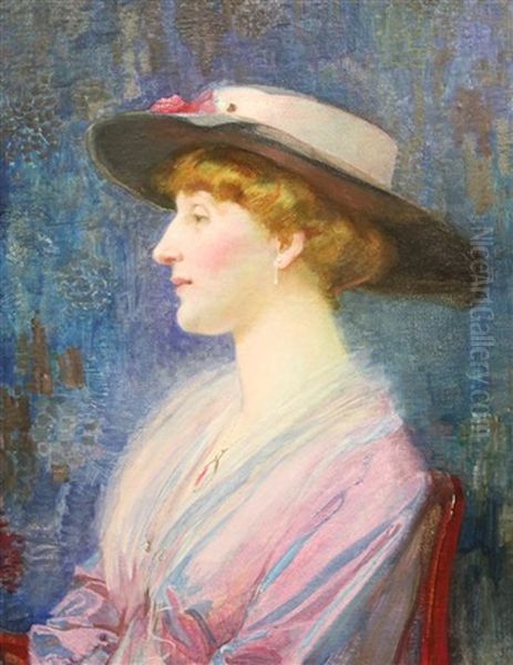 Portrait Of A Lady Wearing A Broad Brimmed Hat And Pink Dress - view 1