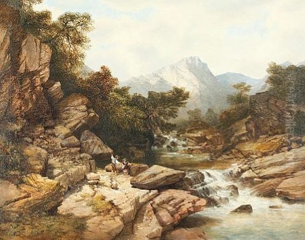 Rocky River Landscape With Children Angling - view 1