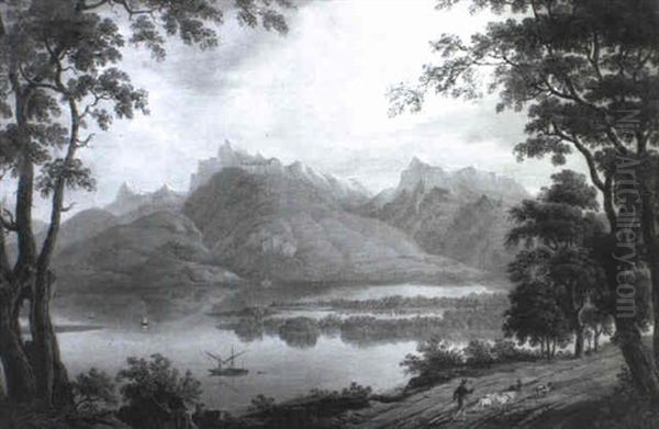 A Mountainous Landscape With Cork Oaks And A Herdsman       Driving Goats Along A Waterside Track - view 1