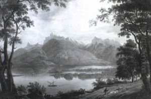 A Mountainous Landscape With Cork Oaks And A Herdsman Driving Goats Along A Waterside Track by William Westall