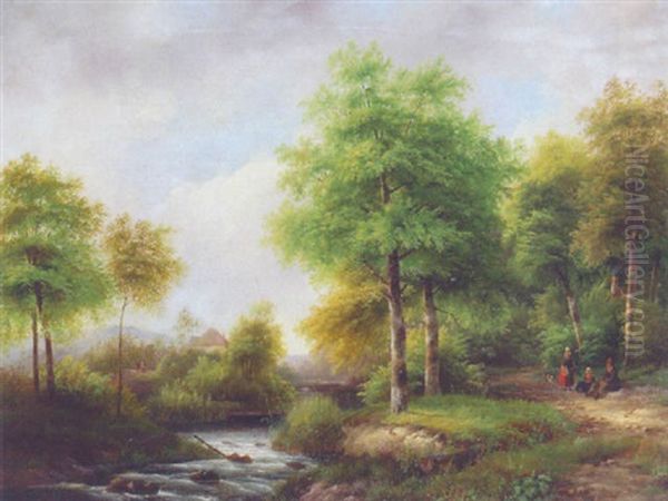 A Summer Landscape With Peasants Resting In A Forest By A Stream - view 1