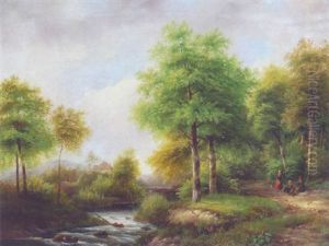 A Summer Landscape With Peasants Resting In A Forest By A Stream by Pieter George Westenberg