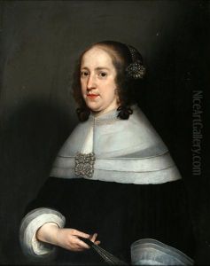 Portret Van Cornelia Van Der Does-reynst In Een Zwarte Jurk Met Kanten Kraag En Manchetten, En Met Een Waaier In Haar Rechterhand