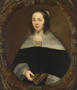 A Portrait Of A Lady, Aged 23, Half Length, Wearing A Black Velvet Dress With A Lace Collar And Cuffs, Holding A Fan In Her Left Hand, In A Trompe L'oeil Painted Carved Oval Frame
