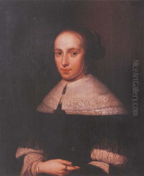 Portrait Of De Vrouw Van Ravens Aged 21 Wearing A Black Dress Trimmed With Lace And A White Linen Collar, Holding A Fan - view 1
