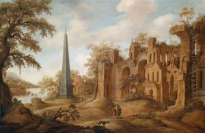 Italienisierende Landschaft Mit Reisenden Bei Antiken Ruinen