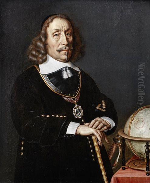 Portrait Of Admiral Witte Cornelisz. De With In Black Costume With A Gorget And The Badge Of The Order Of Saint Michael, A Globe On The Table Beside Him - view 1