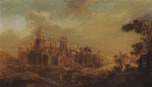 A Classical Landscape With Travellers On A Path Near Antique Ruins by Abraham Van Westerveldt