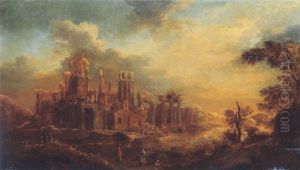 A Traveller Accosting Beggars On A Path By Classical Ruins by Abraham Van Westerveldt