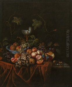 Still Life With Cup, Fruits And Vine Branches On A Red Tablecloth