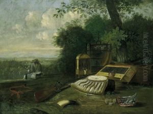 Ein Am Waldrand Sitzender, In Die Weite Landschaft Schauender Jager Mit Jagdgeraten by Huybert van Westhoven