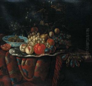Peaches, Grapes, Plums And Other Fruit On A Silver Dish, Plums In A Wanli Kraak And Other Objects On A Draped Marble Table