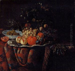 Peaches, Grapes And Other Fruit On A Silver Dish, Plums In A Wanli Kraak, With Other Objects On A Partially Draped Marble Table