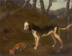 Jagtscene Med Hund Der Har Nedlagt Raev, I Baggrunden Jaeger Og Hunde by Fritz Westphal
