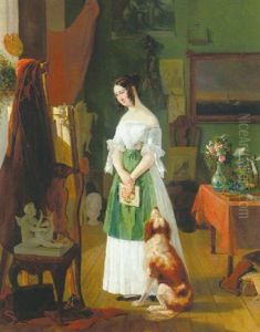 Fra Kunstnerens Atelier, Ung Pige Betragter Sit Portraet Pa Staffeliet by Fritz Westphal