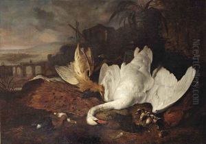 An Italianate River Landscape With A Swan, A Eurasian Bittern, A Peacock, A Pheasant And Other Birds Before A Stone Vase On A Pedestal by Jacob Jacobsz de Wet the Younger