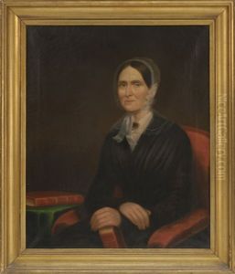 Portrait Of A Woman Wearing A Lace Bonnet And Black Dress With An Oval Pin At Her Collar