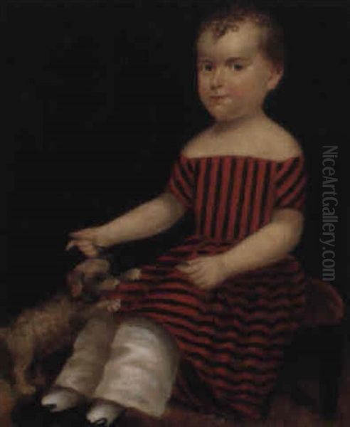 Portrait Of A Child With Curly Hair Holding A Puppy On A Blue Leash - view 1