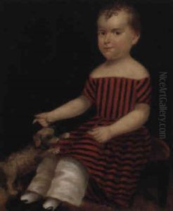 Portrait Of A Child With Curly Hair Holding A Puppy On A Blue Leash Portrait Of A Child With Curly Hair Holding A Puppy On A Blue Leash