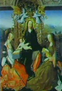 The Madonna And Child Crowned With Angels And Flanked By Saints Catherine Of Alexandia And Margaret Of Antioch by Gosvin (Goossen) van der Weyden
