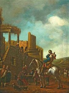 Reiter Vor Einer Schanke. Italianisierende Landschaft Mit Antiken Ruinen by Jacob Matthias Weyer