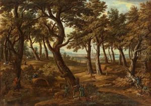 In Einer Reich Bewaldeten Hugellandschaft Haben Sich Drei Versch. Gruppen Jager Mit Ihren Hunden Zur Parforce-jagd Getroffen by Jakob Christoph Weyermann