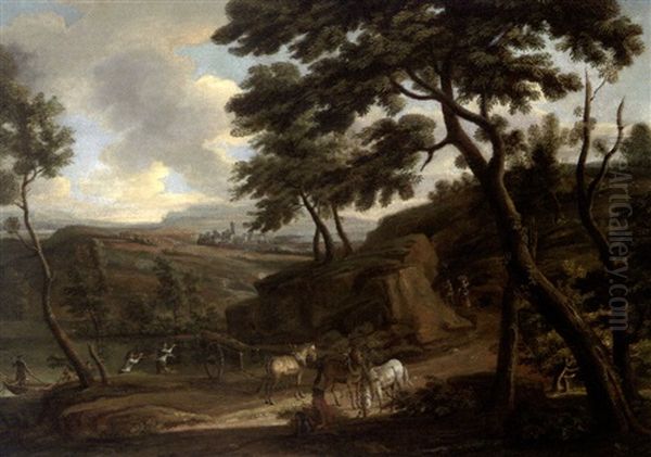 Gebirgige Fluslandschaft Mit Einem Pferdefuhrwerk Und Anglern (+ Gebirgslanschaft Mit Eimen Wasserfall Und Rastenden; Pair) - view 1