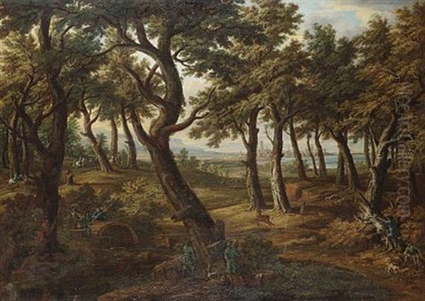 A Wooded Landscape With A Stag Hunt, A View To A City In The Distance - view 1