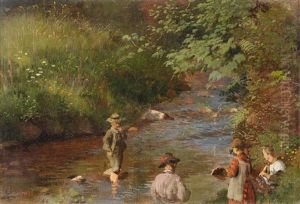 Spielende Kinder Am Bachlauf by Karl Weysser