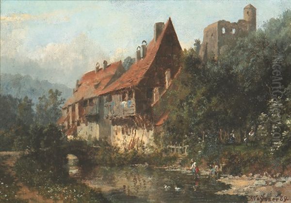Hauser An Einem Flusschen Unterhalb Einer Burgruine - view 1