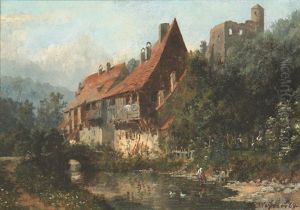 Hauser An Einem Flusschen Unterhalb Einer Burgruine by Karl Weysser
