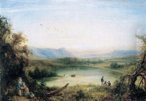 Picnic By A Lake With Hills In The Distance
