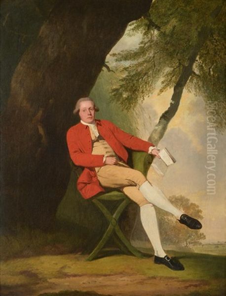 Portrait Of Squire Austin Wearing A Red Jacket And Seated Beneath A Tree Holding A Book - view 1