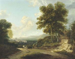 A Wooded Landscape With A Traveller On A Track, A Town Beyond by Francis Wheatley