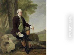 Portrait Of Jervoise Clarke-jervoise, Full-length, In A Brown Coat, Green Waistcoat, Breeches And Riding Boots, Seated On A Fallen Tree Stump, Holding A Cane by Francis Wheatley