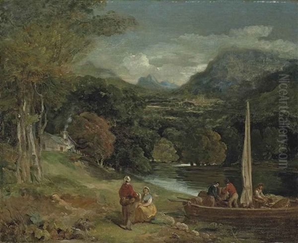 A Wooded River Landscape With Figures Unloading Barrels From A Small Ferry Boat, A Cottage And Mountains Beyond - view 1