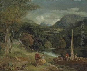 A Wooded River Landscape With Figures Unloading Barrels From A Small Ferry Boat, A Cottage And Mountains Beyond