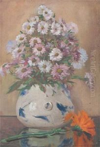 Still Life Of Asters In A Glass Vase (+ Still Life Of Daisies In A Blue And White Porcelain Vase; 2 Works) by John Laviers Wheatley