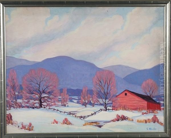 Winter Landscape With Red Barn - view 1