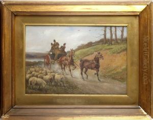 Horse Drawn Carriage Passing Sheep On A Track by James Thomas Wheeler