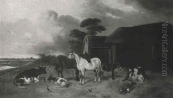 A Farmyard Scene With Horses, Cattle, A Donkey And A Goat - view 1