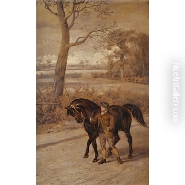 Farmer Leading A Horse On Country Road; A Foal Suckling From A Mare In Field - view 1