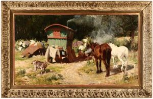 Figures And Farm Animals In A Gypsy Camp by Rowland Wheelwright